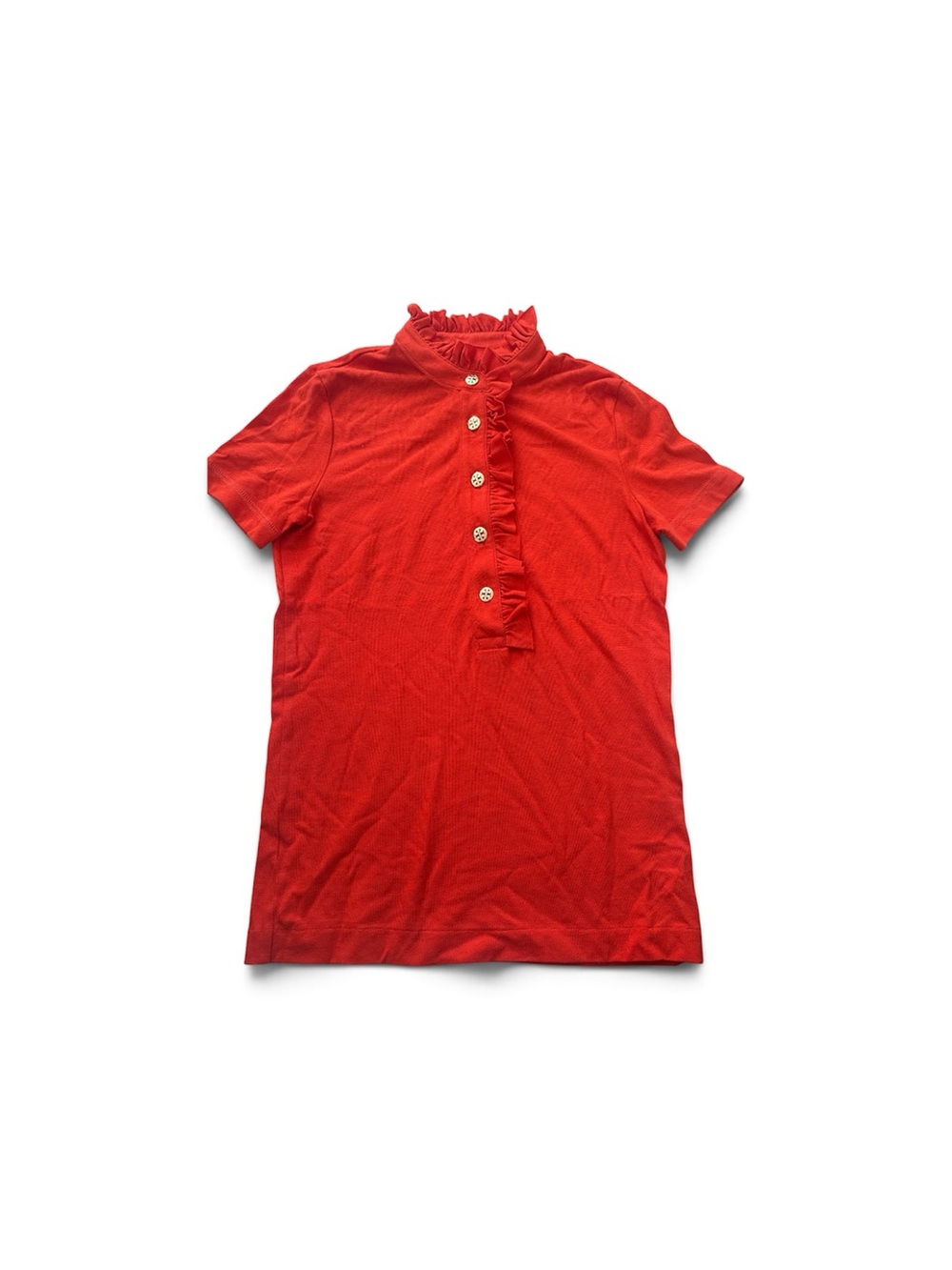Tory Burch Red Ruffle Mock-Neck Button Front Tee